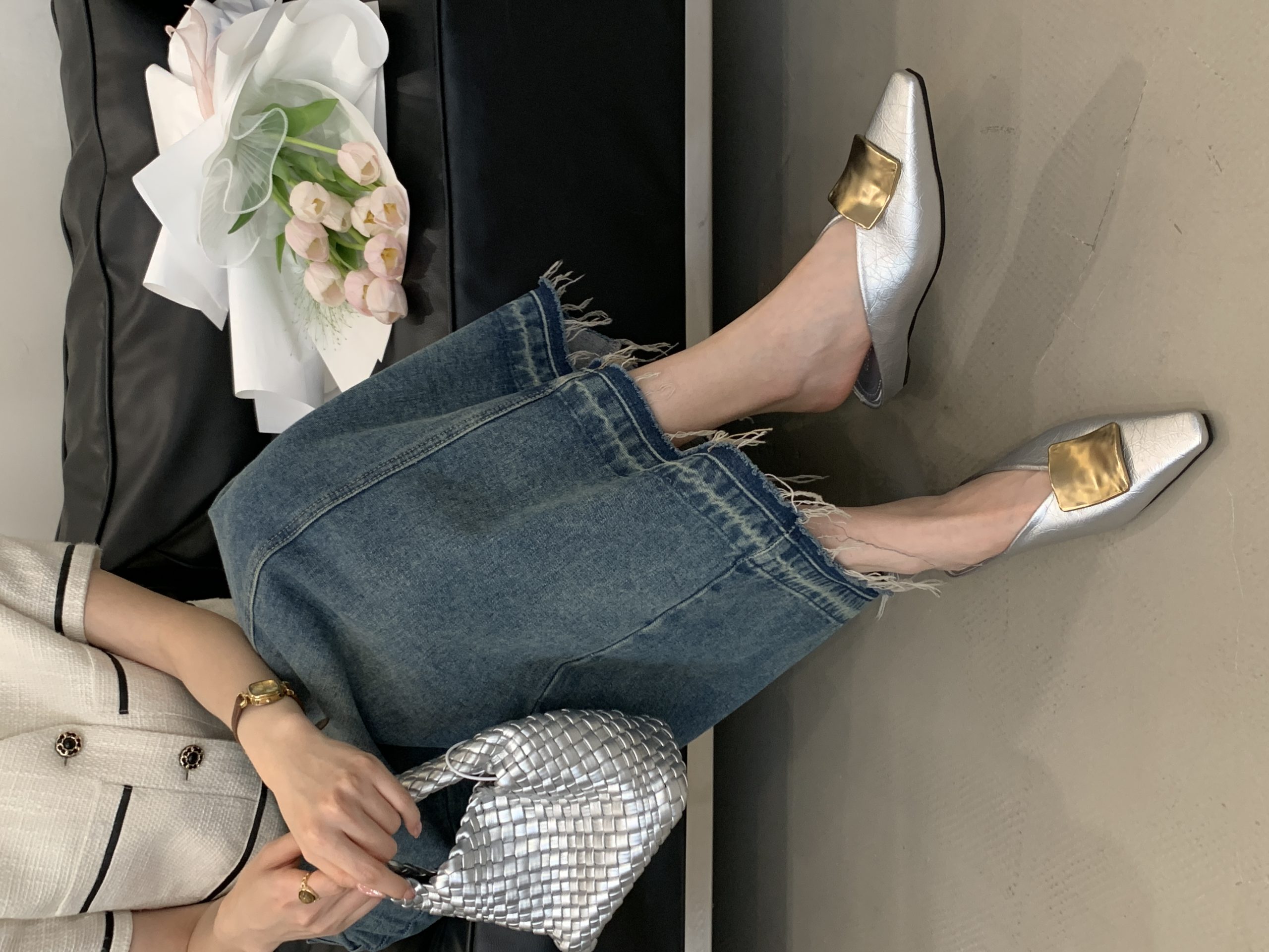 2025 New Summer Metal Buckle Square Toe Flat Slippers Fashion Versatile Mules