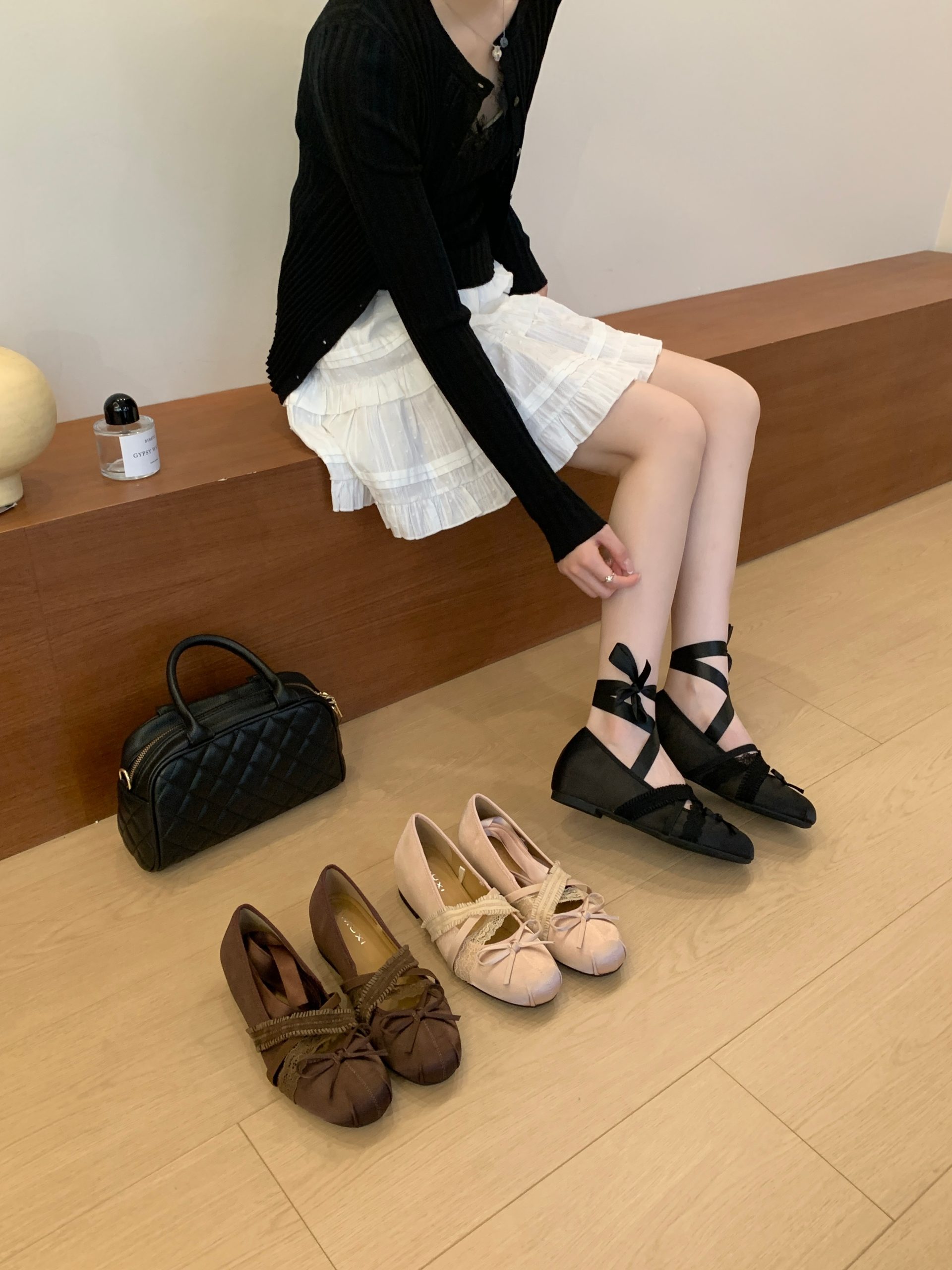 2026 Autumn New Ballet Flats Satin Bow Two-Way Mary Jane with Hidden Wedge