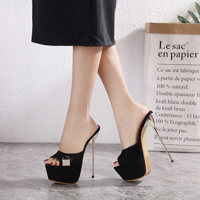 European and American Street Style Lock Decoration 2021 New Ultra Thin Heel 16CM Black Slippers 34-40