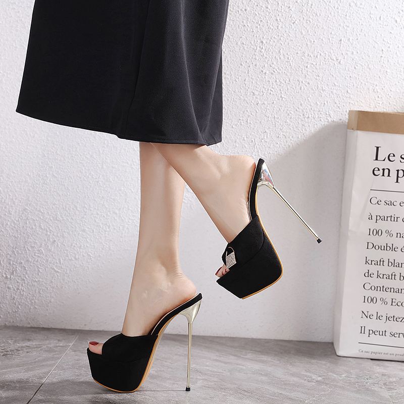 European and American Street Style Lock Decoration 2021 New Ultra Thin Heel 16CM Black Slippers 34-40 - Image 2