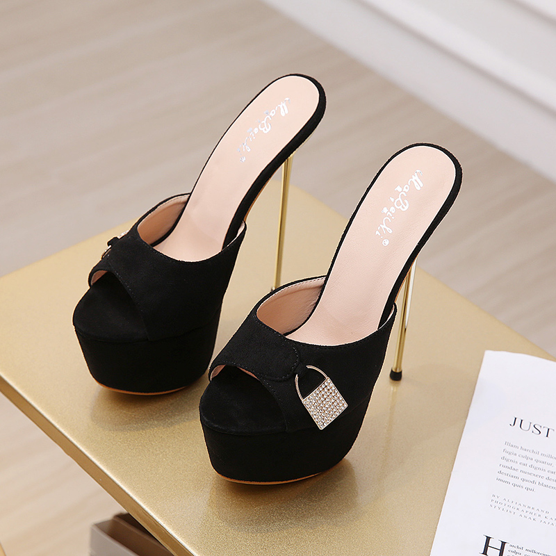 European and American Street Style Lock Decoration 2021 New Ultra Thin Heel 16CM Black Slippers 34-40 - Image 5